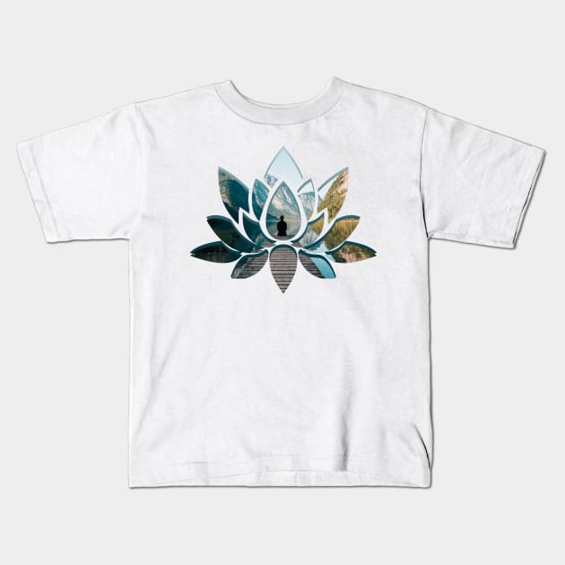 Lotus Flower Silhouette Peaceful Landscape Yoga Kids T-Shirt by Fersan